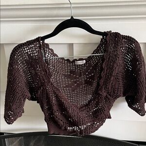 Tristan Dark Brown Crochet Cap Sleave Tops, Mini